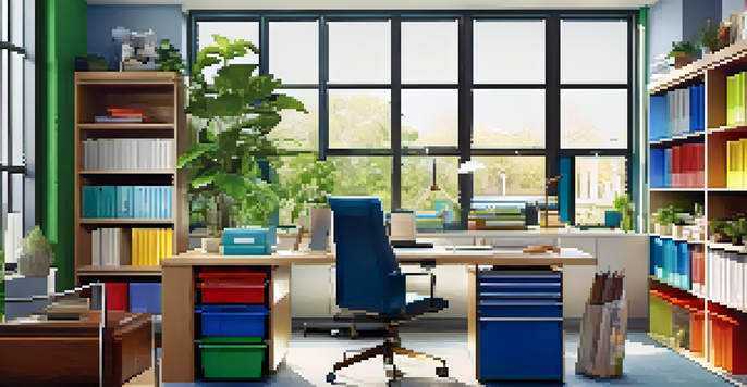 A well-organized home office featuring a color-coded storage system with various colored bins and neatly arranged office supplies, illuminated by natural sunlight.
