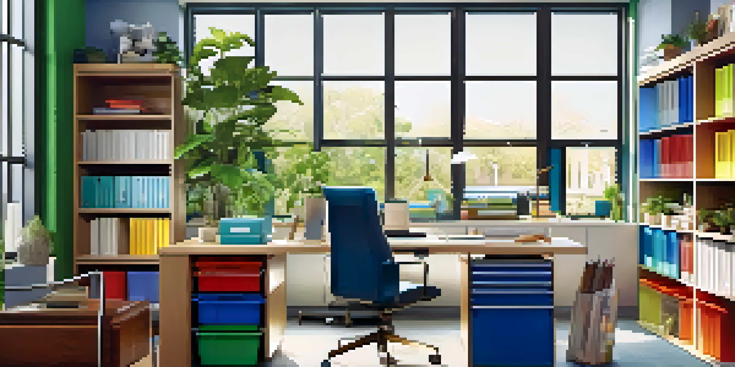A well-organized home office featuring a color-coded storage system with various colored bins and neatly arranged office supplies, illuminated by natural sunlight.