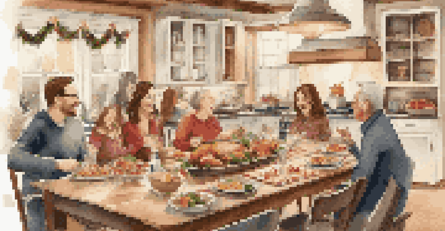 A festive family gathering in a stylish open concept kitchen, featuring a beautifully decorated dining table filled with food.