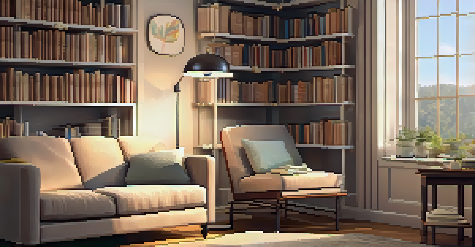 A serene reading nook with a plush chair, warm lighting, shelves of books, and a cup of tea.