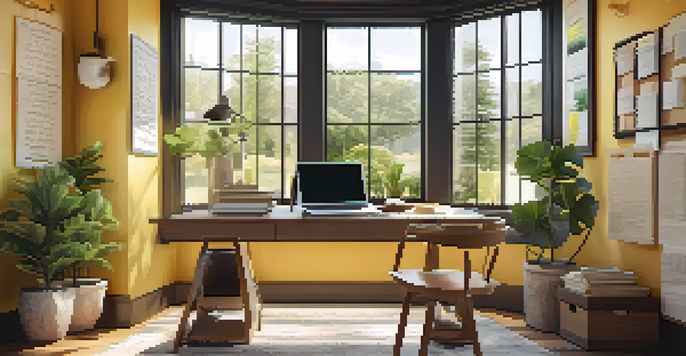 A cozy home office with a desk, laptop, and garden view through the window.