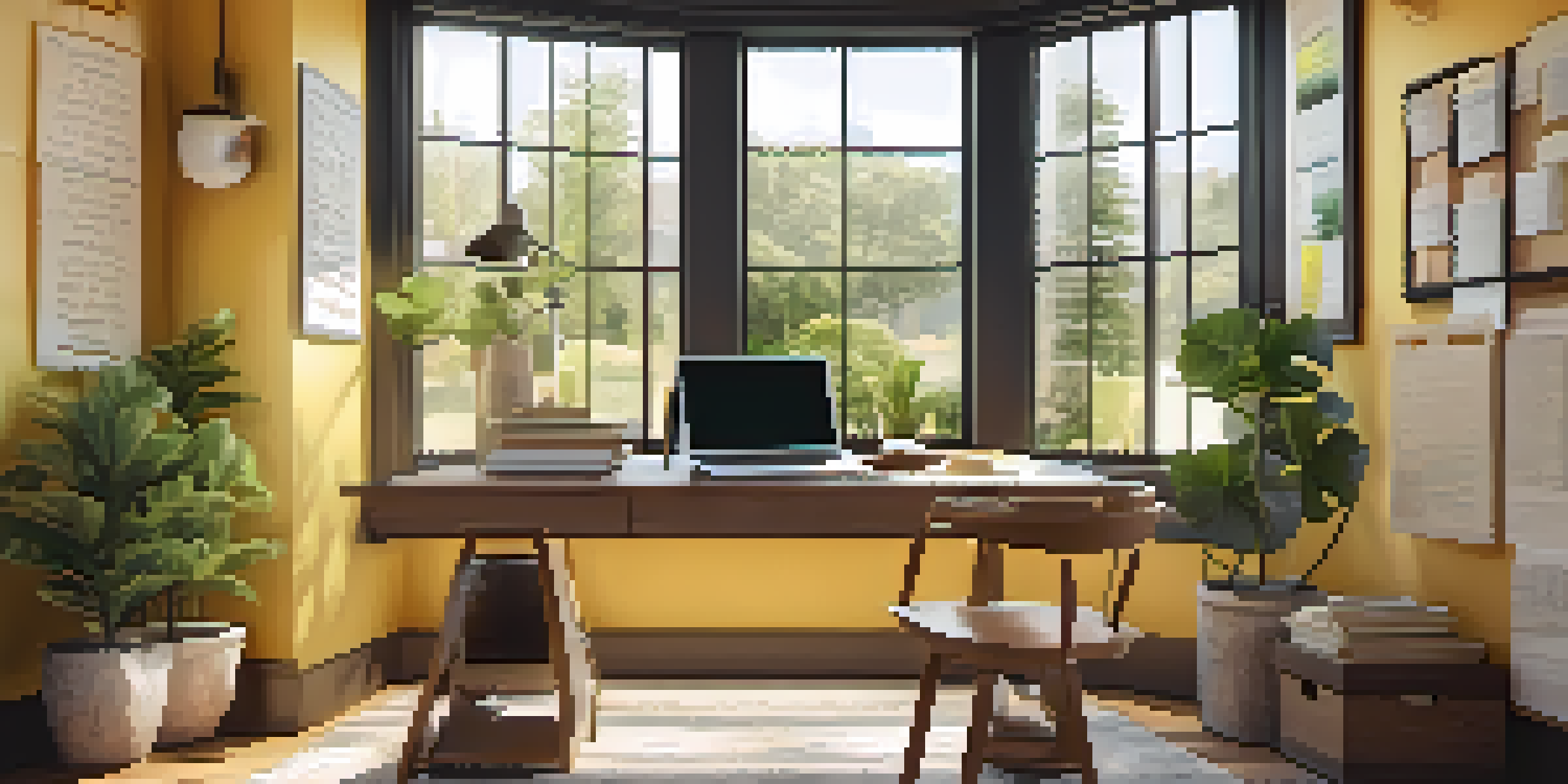 A cozy home office with a desk, laptop, and garden view through the window.