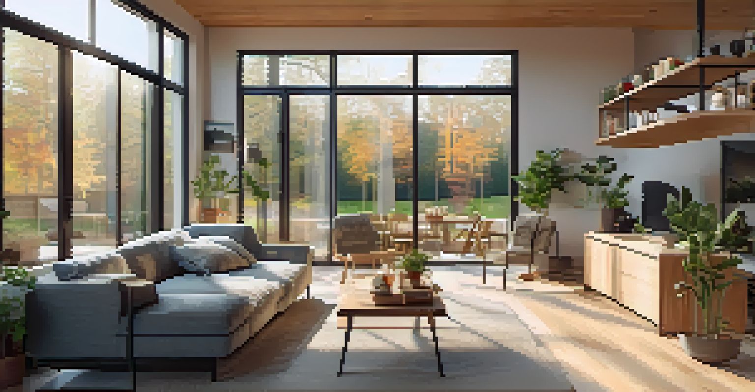 A warm and inviting interior of a Passive House living room, filled with natural light, sustainable furniture, and plants.