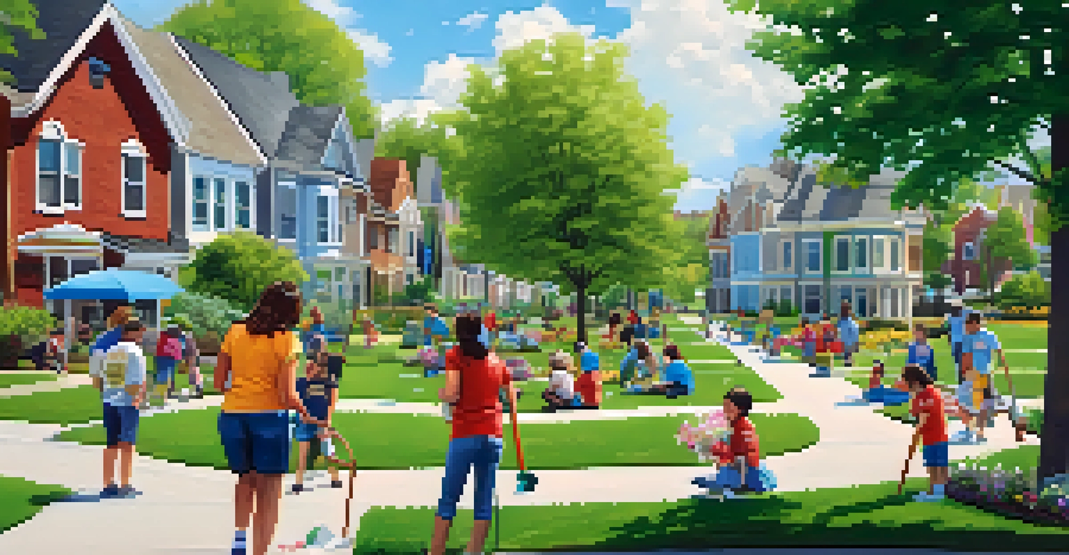 Volunteers engaged in a community cleanup event in a green neighborhood park.