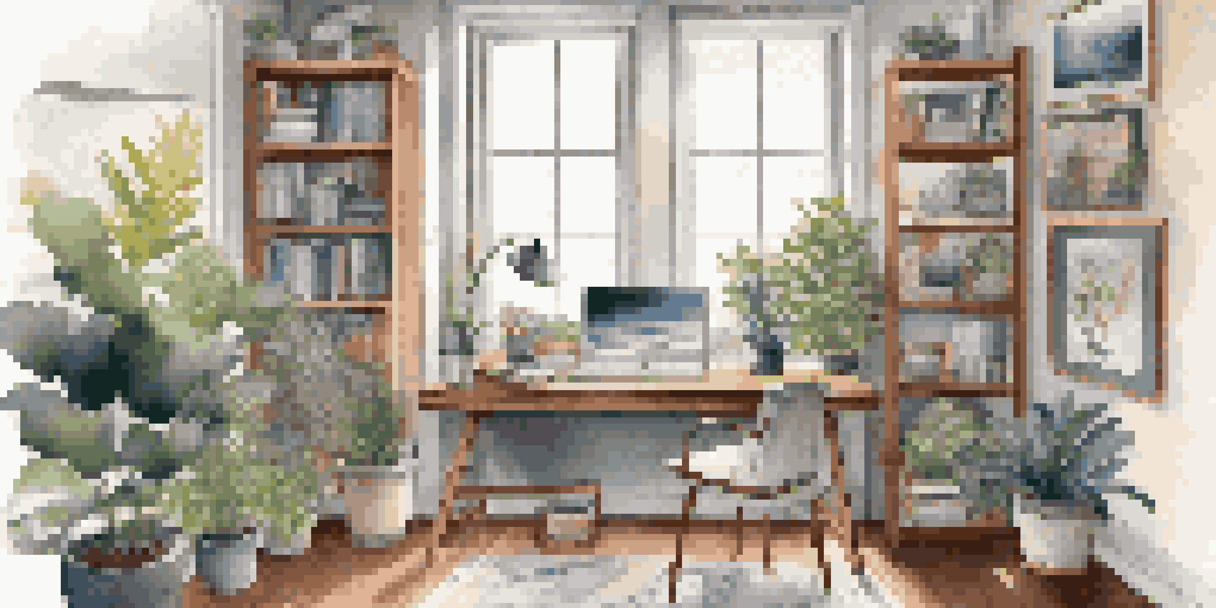 A bright and inviting home office with a desk, laptop, and plants, showcasing a comfortable workspace.