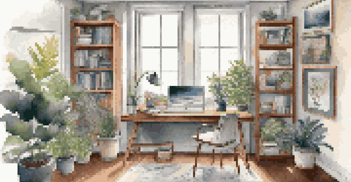 A bright and inviting home office with a desk, laptop, and plants, showcasing a comfortable workspace.