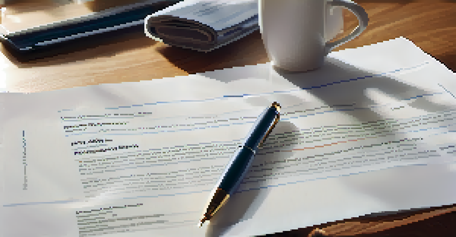 A close-up view of a home warranty document on a wooden table, accompanied by a coffee cup and pen, illuminated by soft morning light.