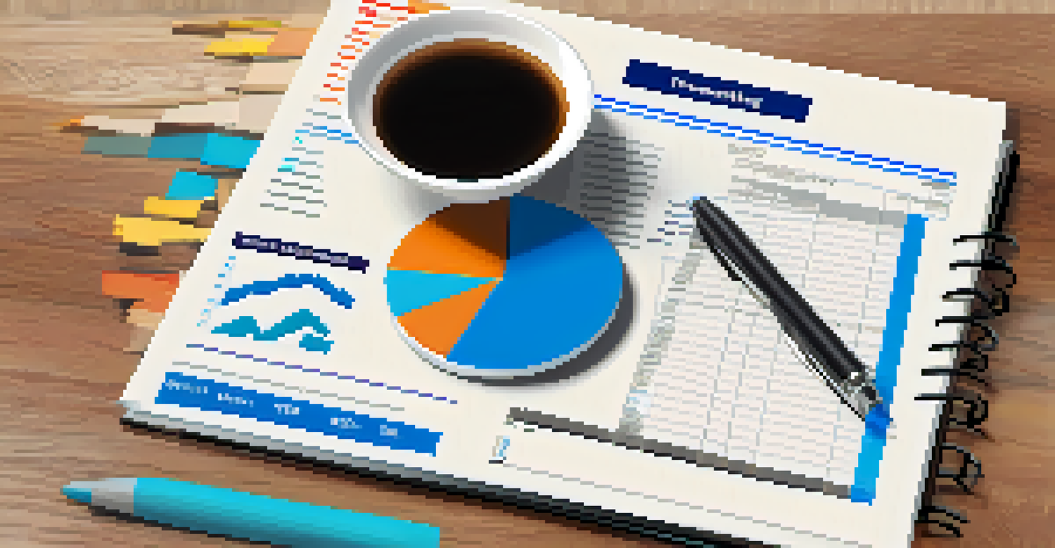 A financial document with graphs and charts, a calculator, and a cup of coffee on a wooden table.