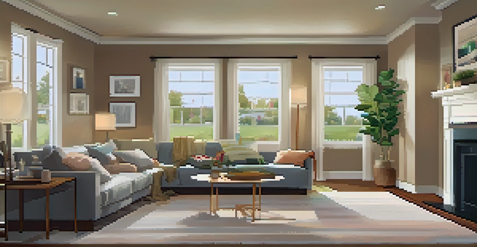 A cozy living room with a security control panel on the wall, soft lighting, and family photos, representing a monitored security system.