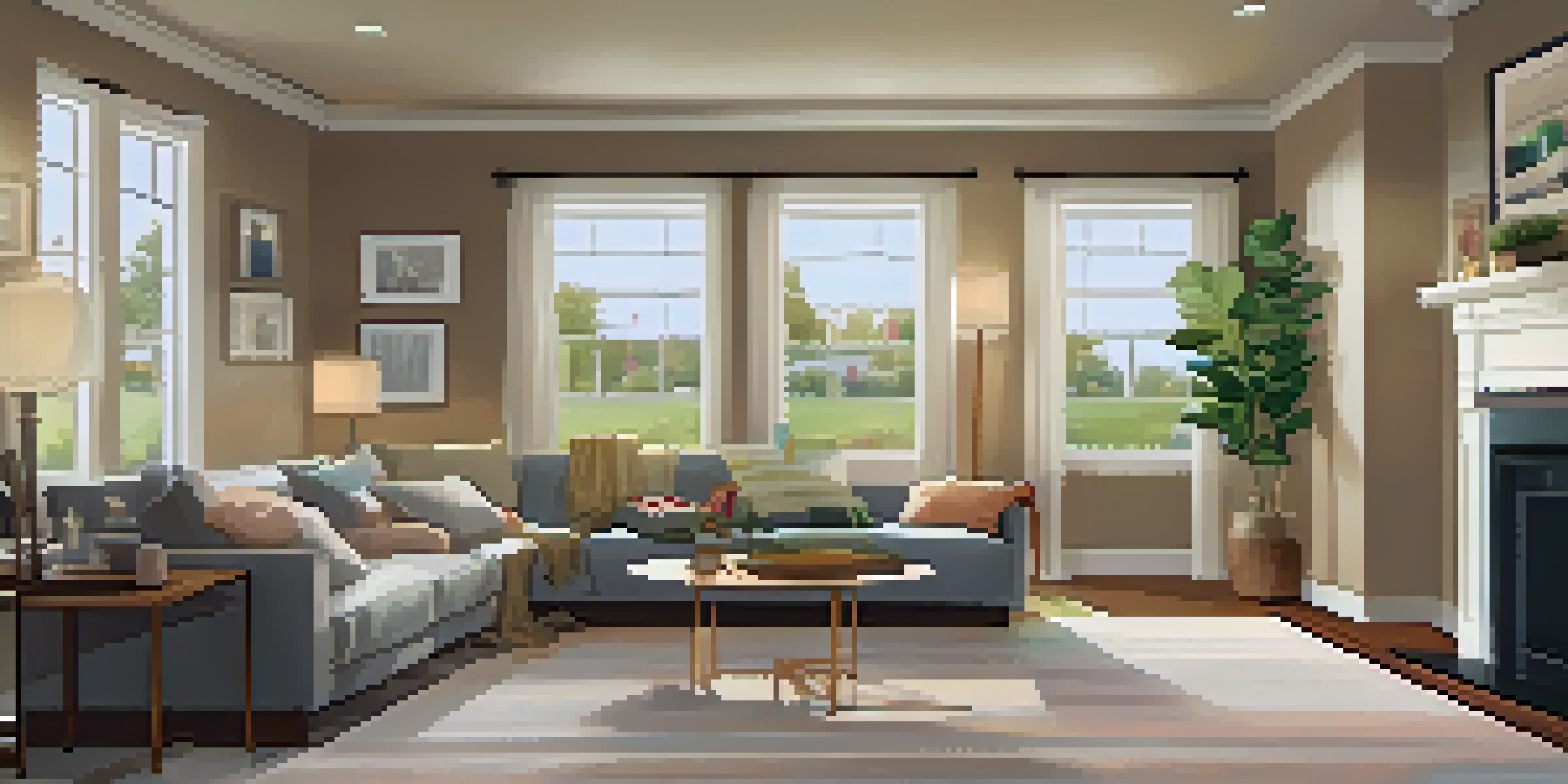 A cozy living room with a security control panel on the wall, soft lighting, and family photos, representing a monitored security system.