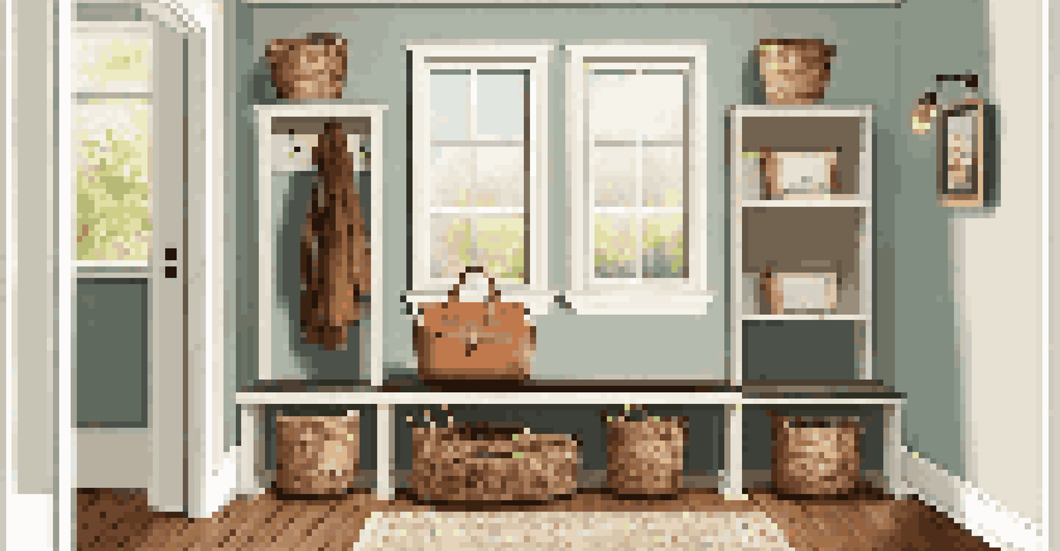 An organized entryway with a hall tree, a storage bench, and decorative baskets, illuminated by layered lighting.