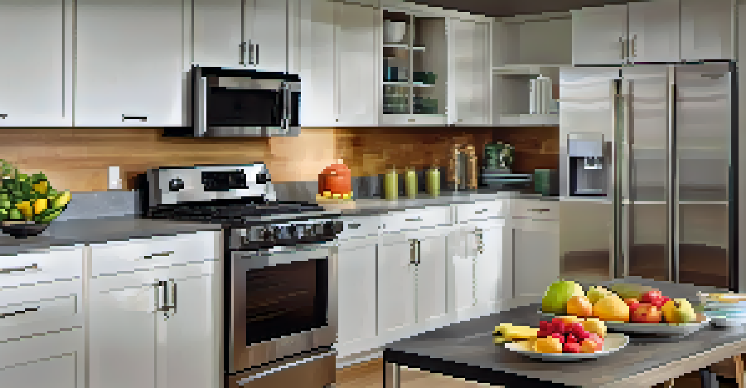 A stylish kitchen featuring energy-efficient appliances, including a modern refrigerator and oven, with warm lighting.