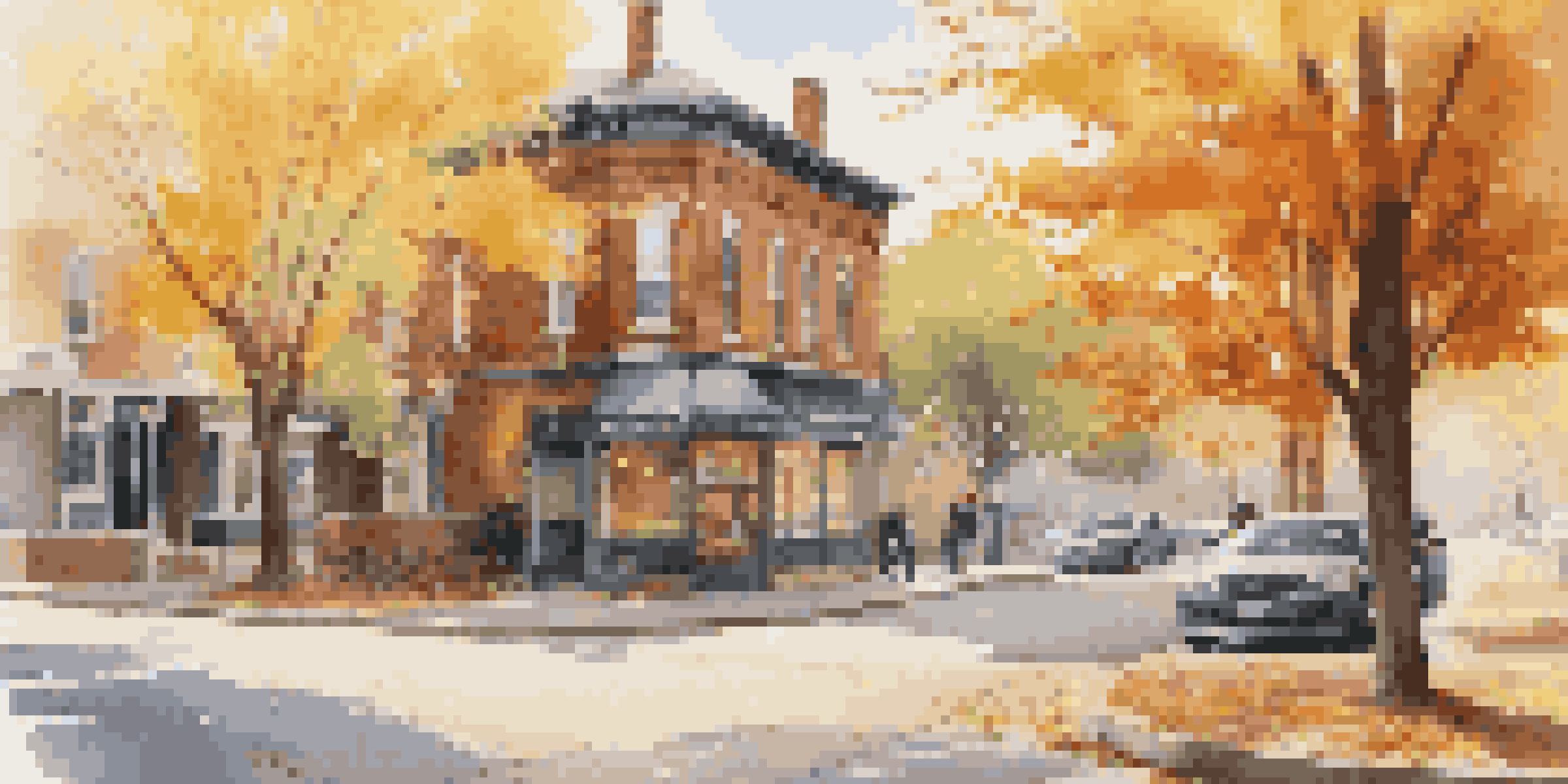 A cozy neighborhood street during autumn, showcasing historic buildings and vibrant fall foliage.