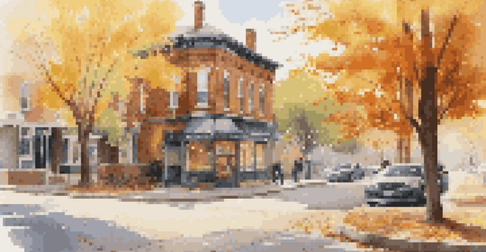 A cozy neighborhood street during autumn, showcasing historic buildings and vibrant fall foliage.