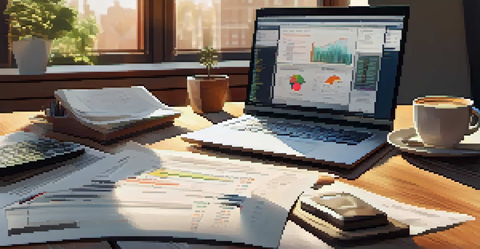 A cozy workspace with financial documents, a laptop showing stock graphs, and a cup of coffee on a wooden desk.