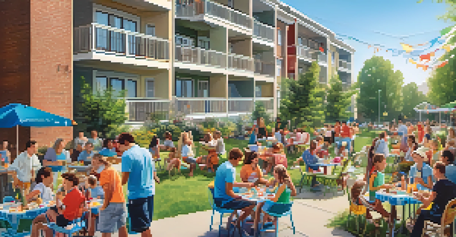 A vibrant community event in an apartment complex with tenants enjoying food, games, and conversations under a clear blue sky.