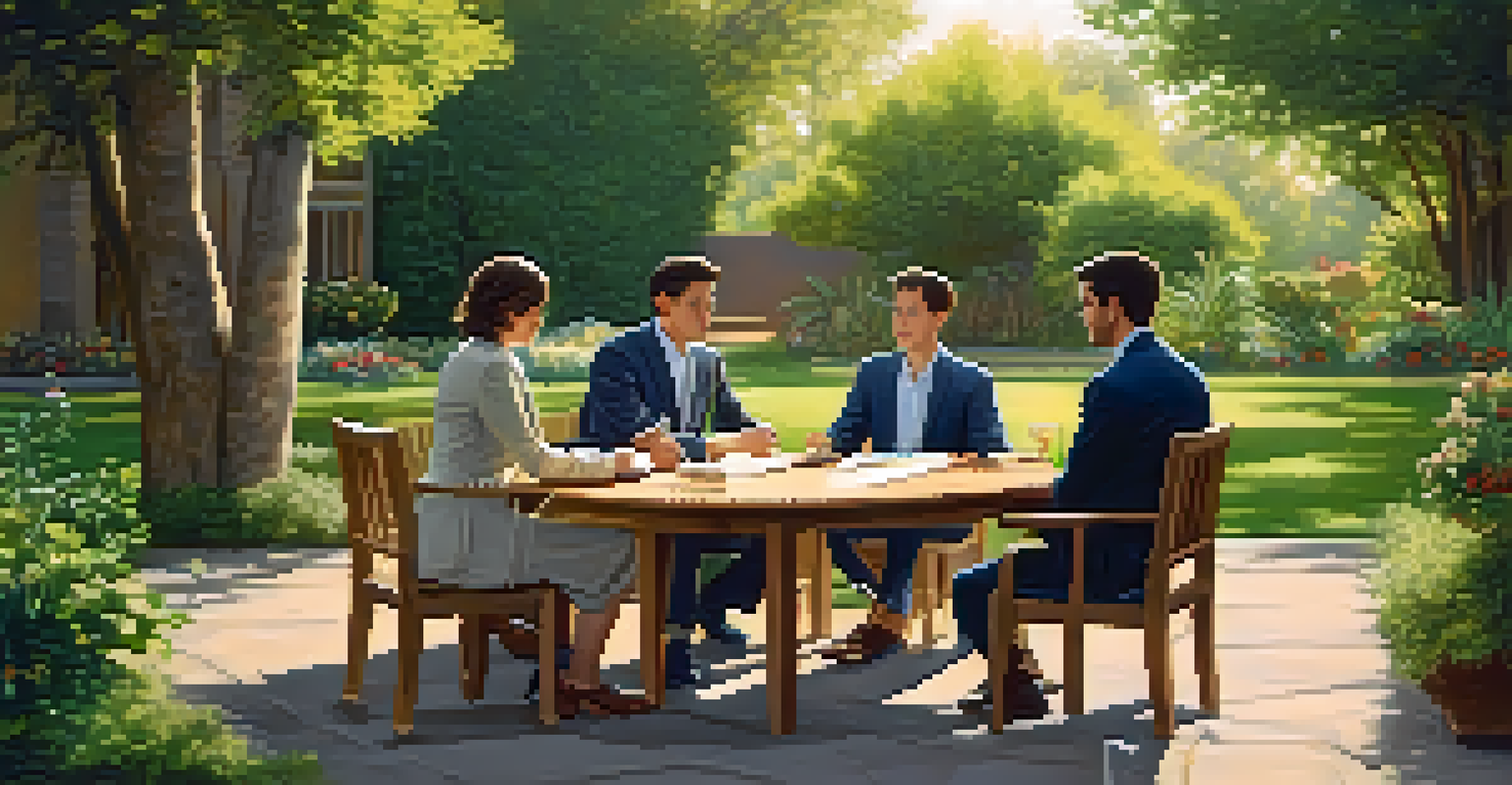 An outdoor mediation session in a garden with a wooden table, featuring two individuals discussing with a mediator in warm sunlight.