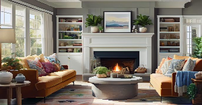 A warm and inviting living room designed for multi-generational living, featuring a large sofa, family photos, and a fireplace.