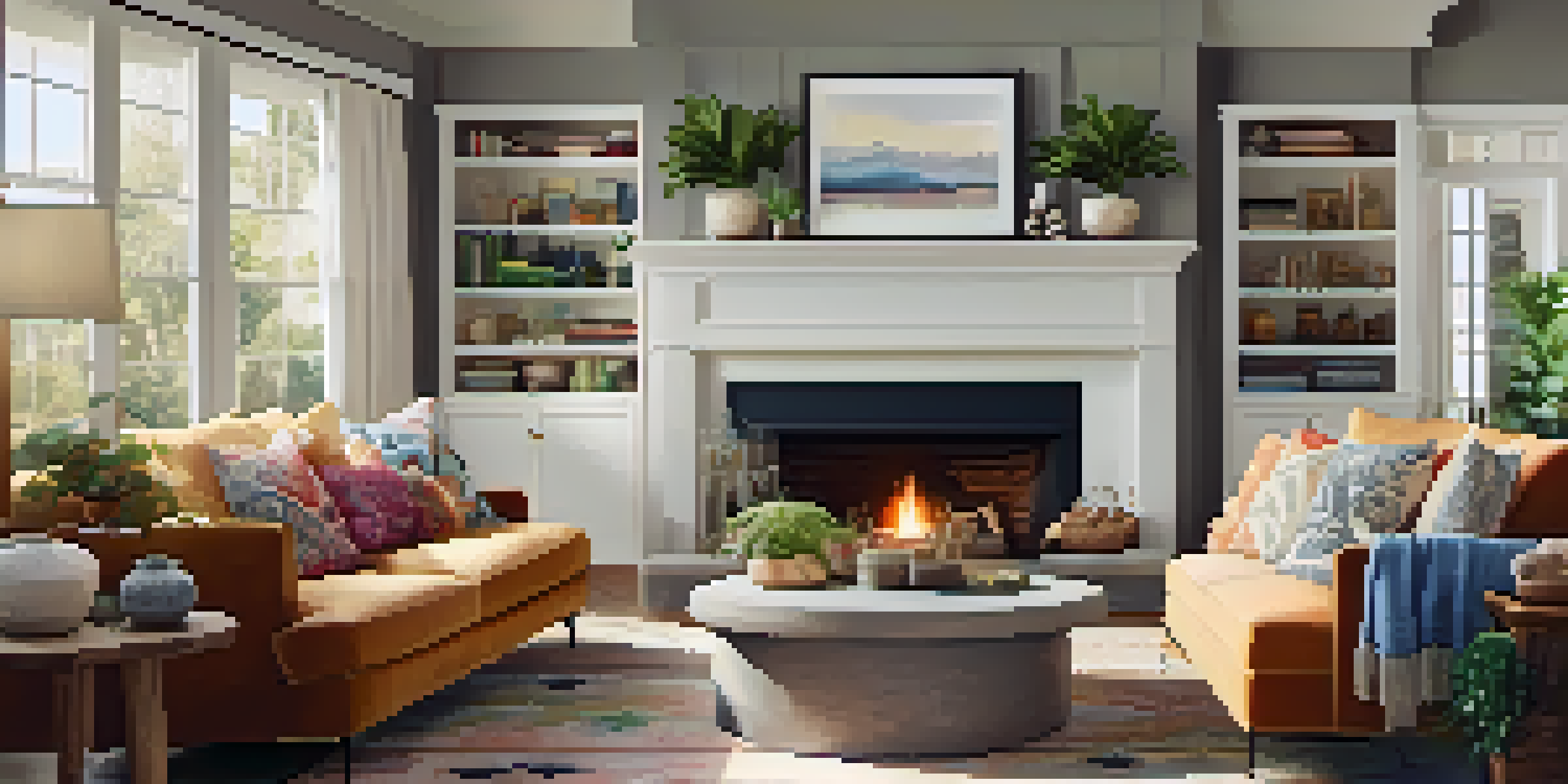 A warm and inviting living room designed for multi-generational living, featuring a large sofa, family photos, and a fireplace.