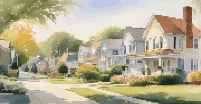 A peaceful suburban neighborhood with various residential homes, gardens, and a clear blue sky.