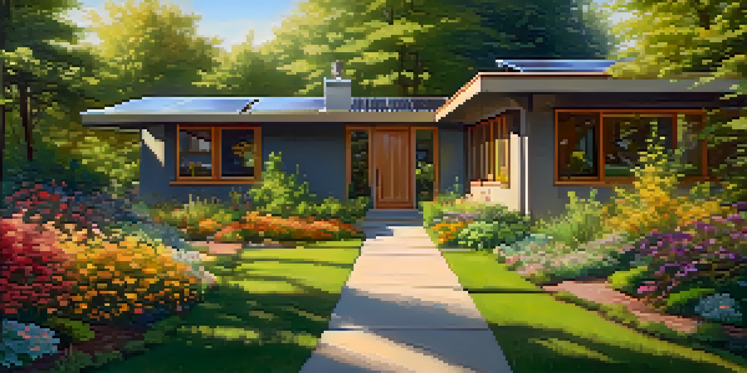 A landscaped garden with plants and trees surrounding a passive solar home.