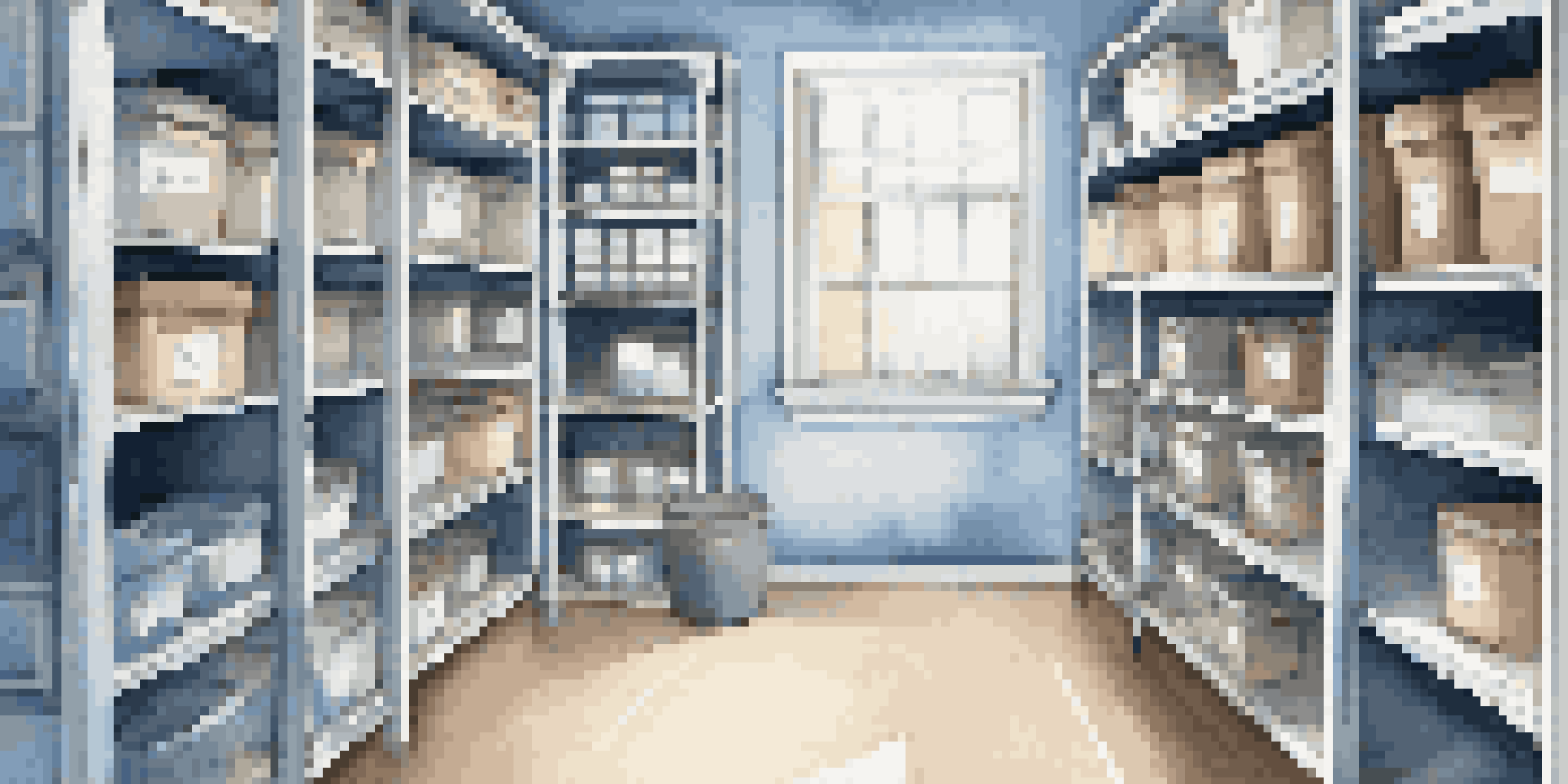 A tidy storage room featuring labeled clear bins organized by category, illuminated by natural light, showcasing a clean and calming environment.