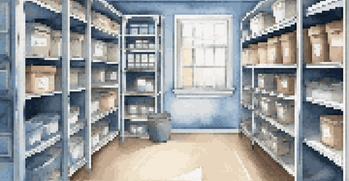 A tidy storage room featuring labeled clear bins organized by category, illuminated by natural light, showcasing a clean and calming environment.