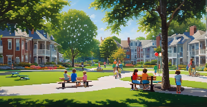 A lively neighborhood park with children playing, adults conversing, and colorful flowers under a clear sky.