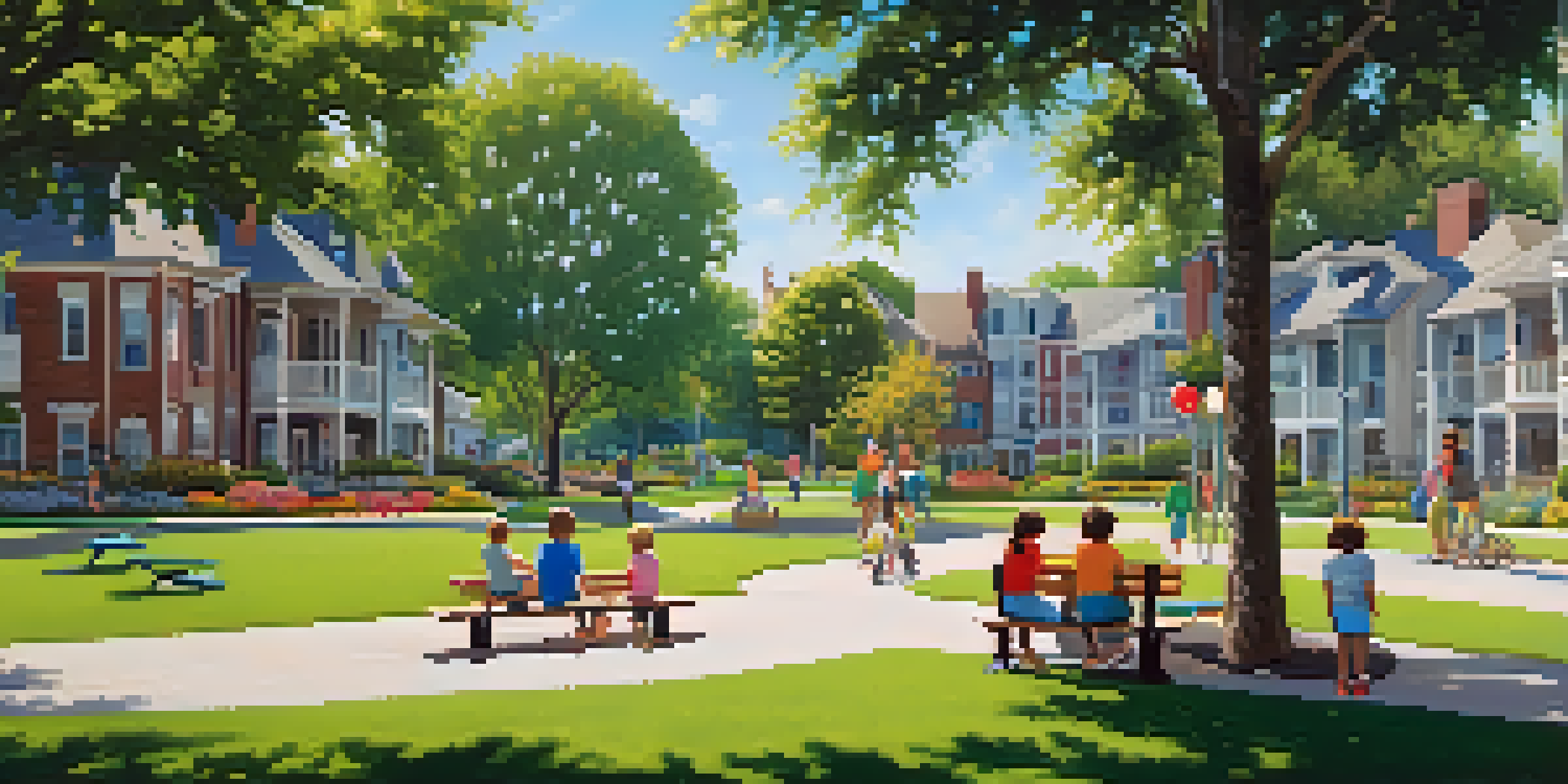 A lively neighborhood park with children playing, adults conversing, and colorful flowers under a clear sky.