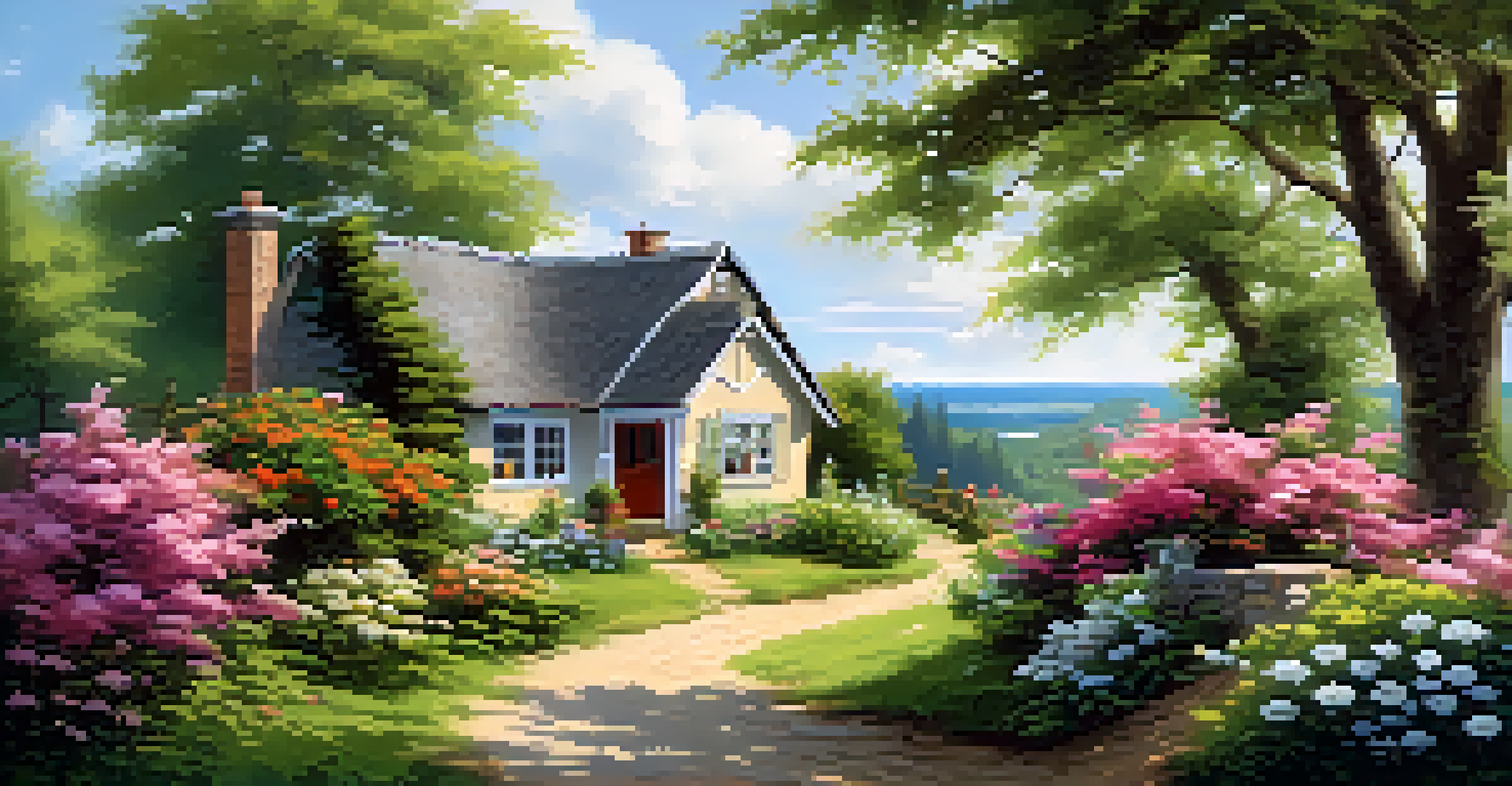 A charming cottage in a rural landscape with flowers and greenery.