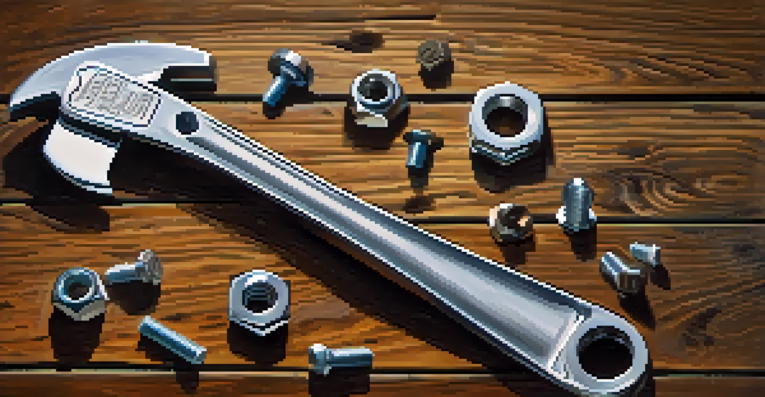 An adjustable wrench on a wooden table, surrounded by nuts and bolts, with a garage setting in the background.