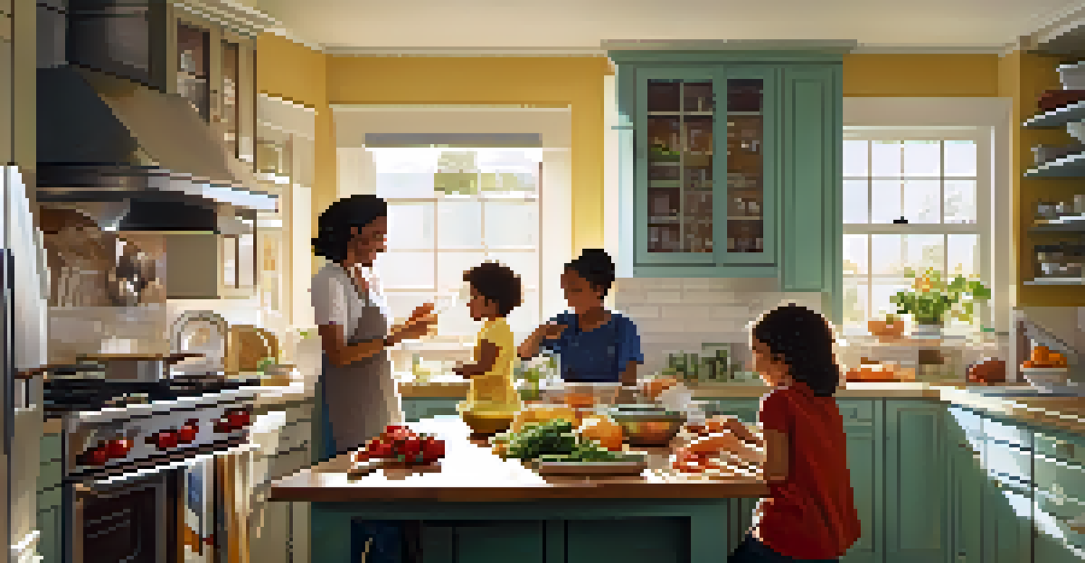 A family joyfully cooking in a bright, modern kitchen filled with sunlight and ingredients.