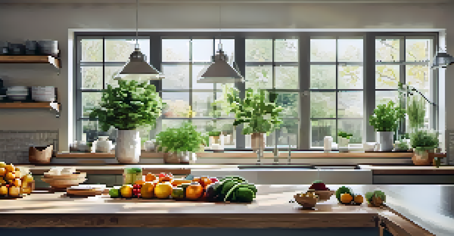 A bright and modern kitchen with fresh produce on a wooden countertop and a view of a colorful garden through a window.