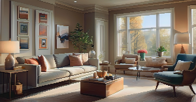 A cozy living room with smart home technologies, including a voice assistant on a coffee table and automated lighting. The room has soft natural light and a warm color palette.