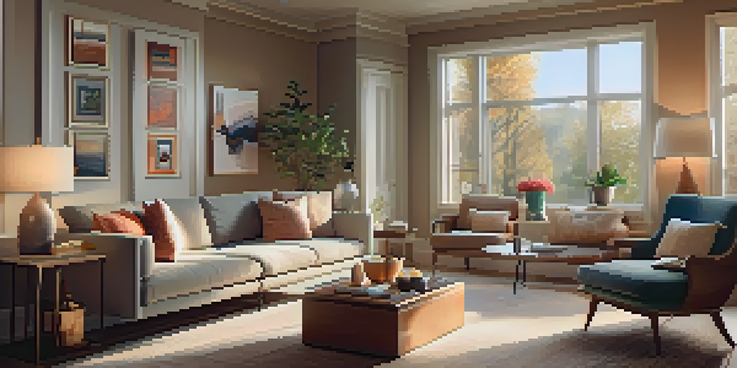 A cozy living room with smart home technologies, including a voice assistant on a coffee table and automated lighting. The room has soft natural light and a warm color palette.