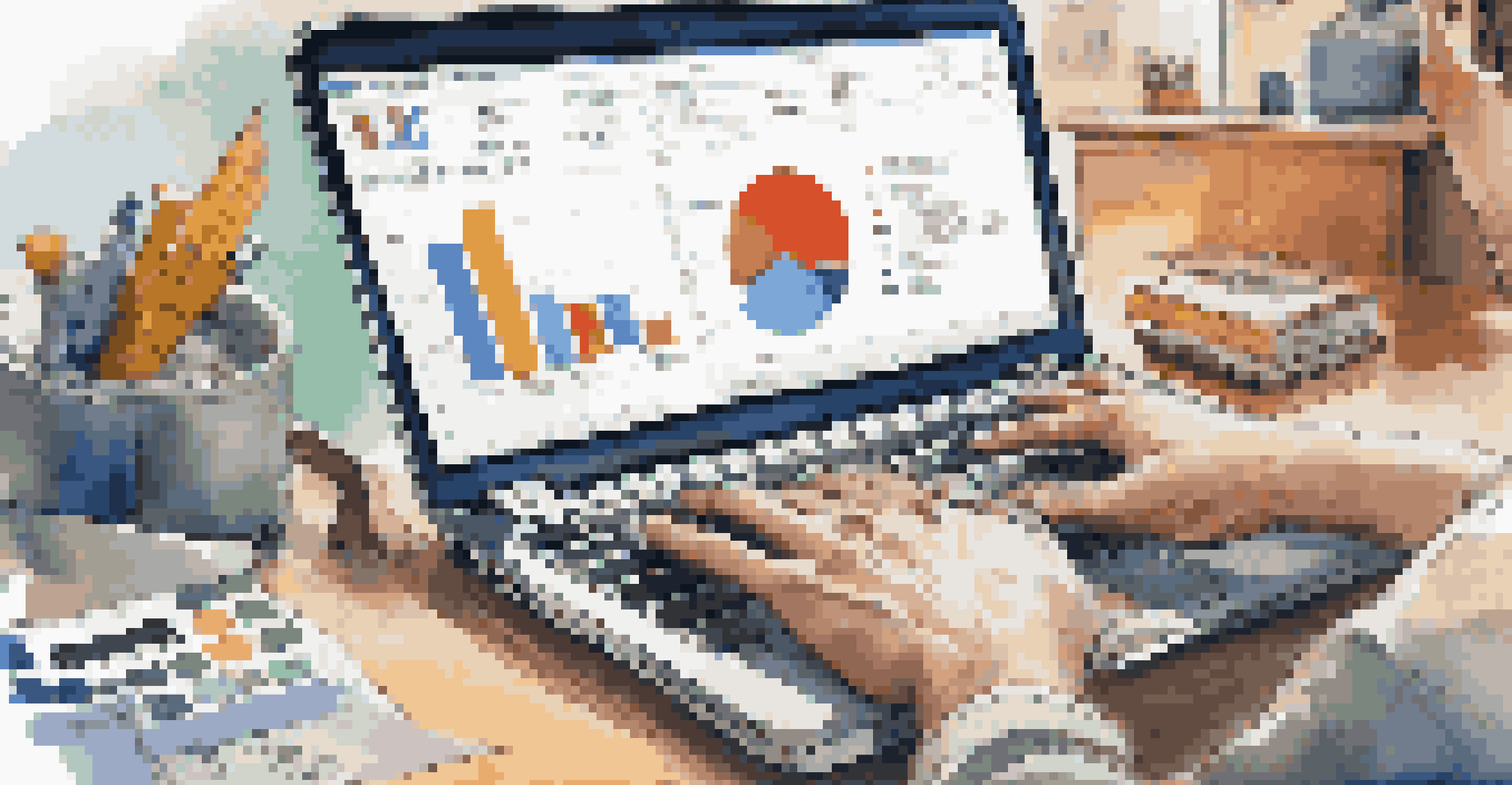 A person using a laptop to review real estate property listings, with charts and renovation tools around.