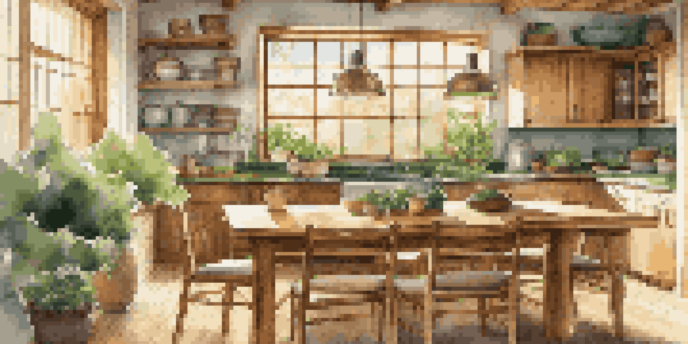 A bright and inviting kitchen with bamboo cabinets, recycled glass countertops, and a rustic wooden dining table, showcasing sustainable design elements.