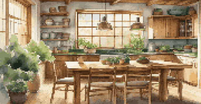 A bright and inviting kitchen with bamboo cabinets, recycled glass countertops, and a rustic wooden dining table, showcasing sustainable design elements.