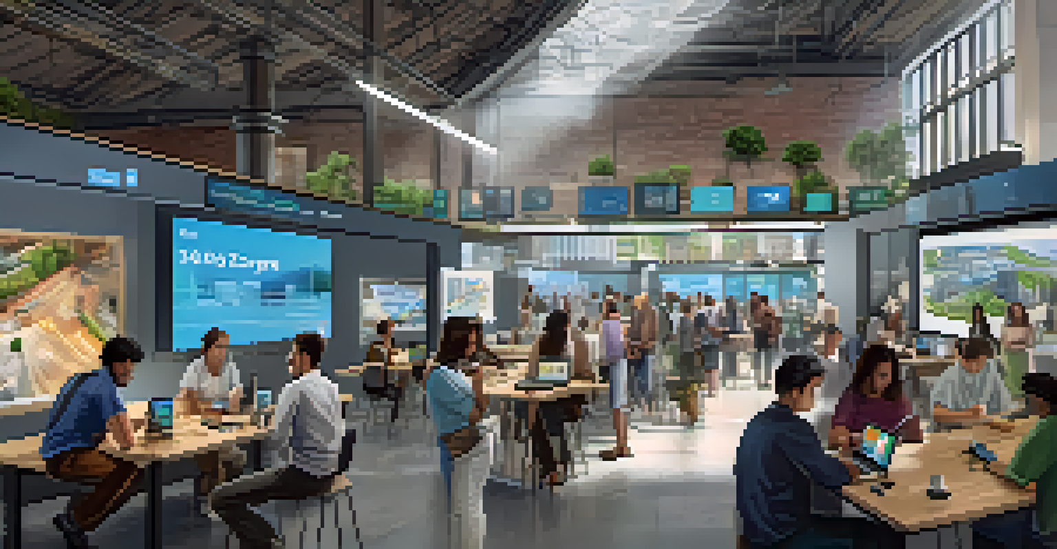 A technology hub in a city with people using smart devices and applications, showcasing digital displays and collaborative workspaces.