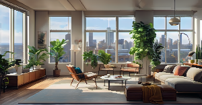 A modern urban apartment with large windows, bright sunlight, and contemporary decor, reflecting a fast-paced lifestyle.