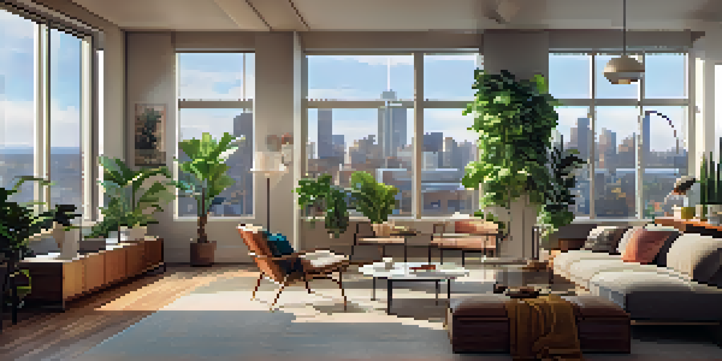 A modern urban apartment with large windows, bright sunlight, and contemporary decor, reflecting a fast-paced lifestyle.