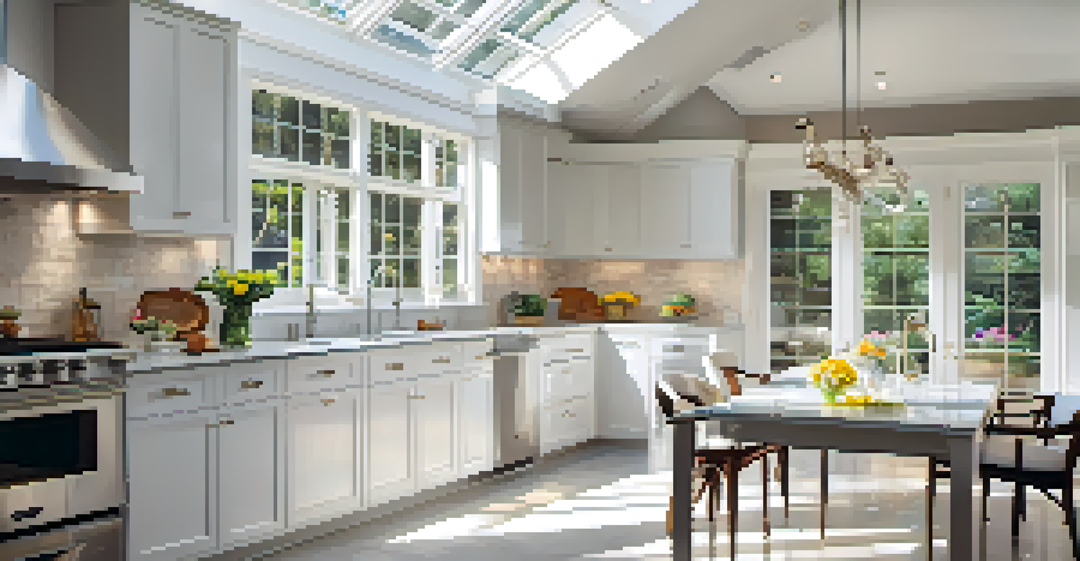 A modern kitchen with a skylight, featuring white cabinets and a marble countertop illuminated by natural sunlight.