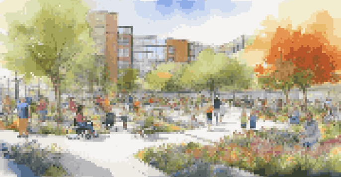 A vibrant urban park designed for accessibility, featuring colorful sensory gardens and inclusive play areas, with people of different ages enjoying the facilities.