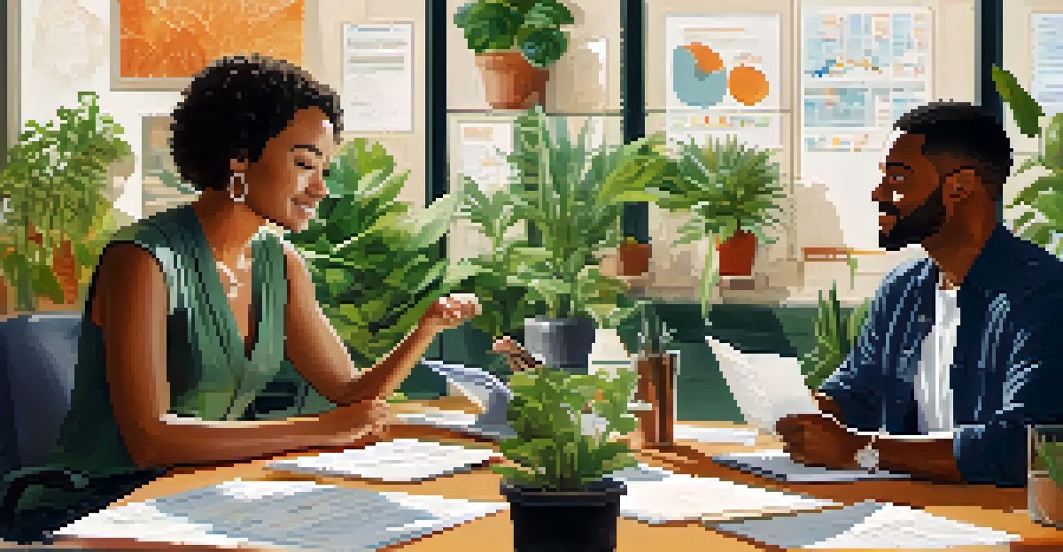 Two professionals from different backgrounds discussing at a round table with charts and laptops.