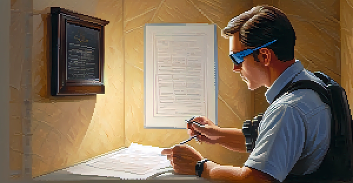 A home inspector closely examining a wall with tools, showing attention to detail in a well-lit interior space.