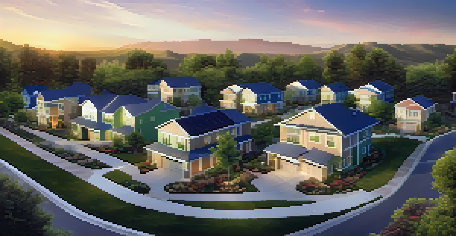 An aerial view of an eco-friendly neighborhood with solar panel-equipped homes and green spaces under a colorful sunset.