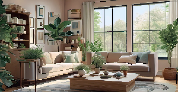 A well-organized and decluttered living room with natural light, houseplants, and a warm color scheme.