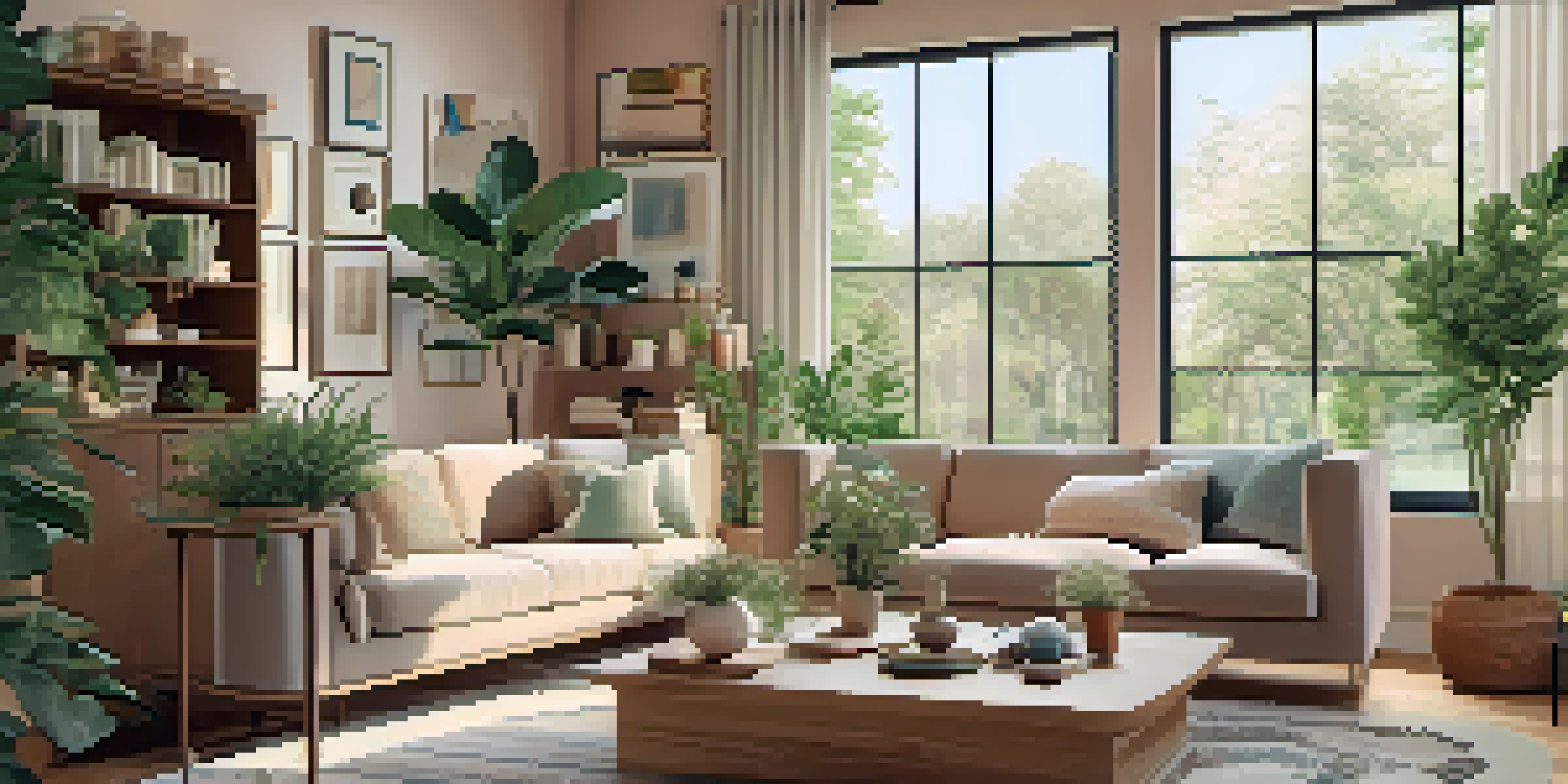 A well-organized and decluttered living room with natural light, houseplants, and a warm color scheme.