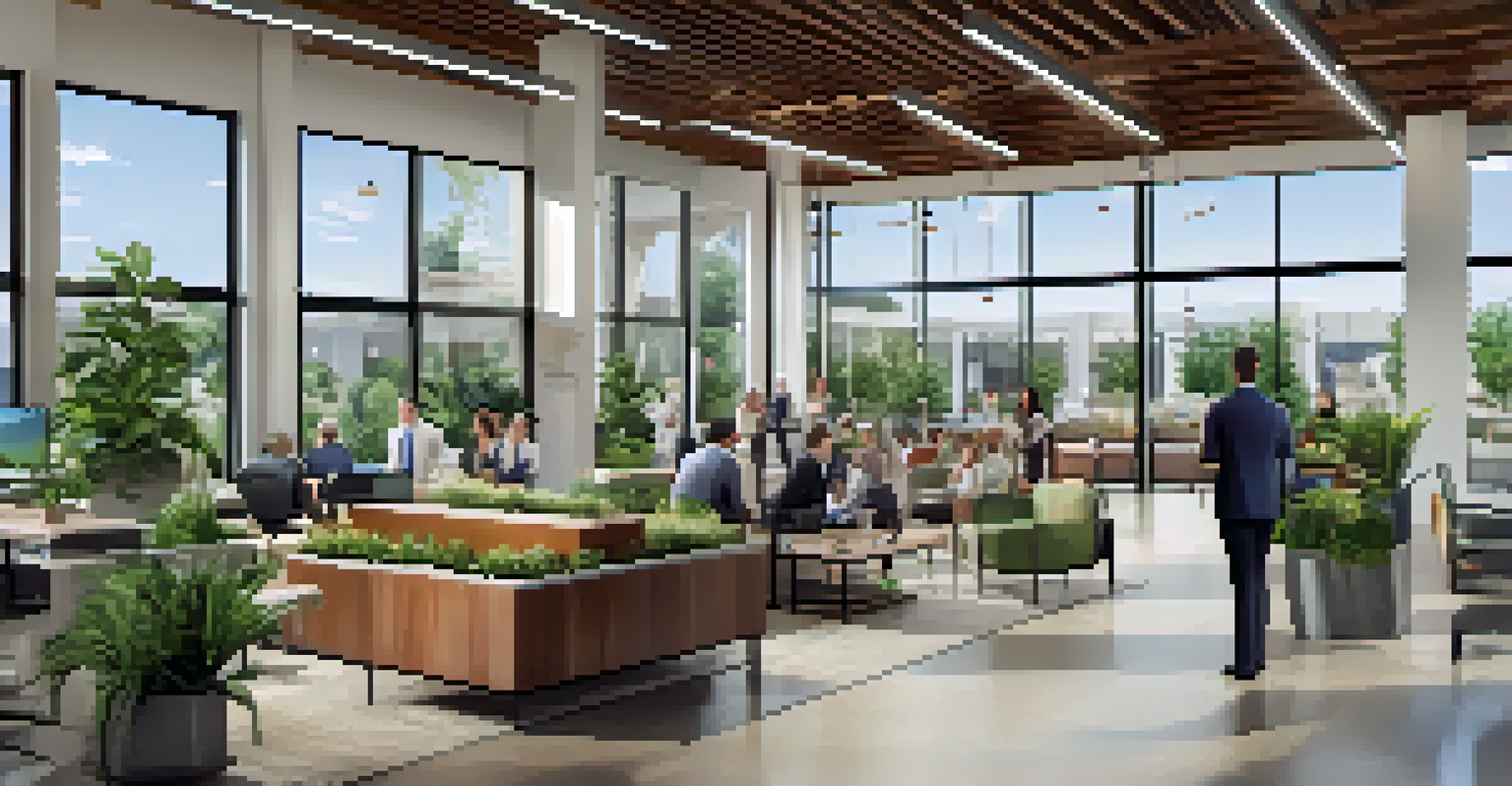 A welcoming real estate office featuring community event displays and a friendly agent assisting clients.