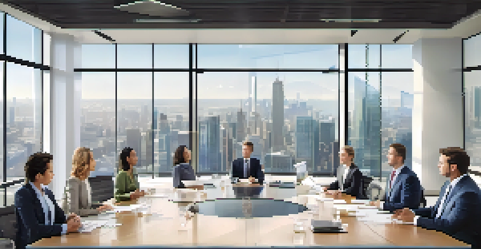 A diverse group of investors in a modern office discussing real estate syndication around a conference table with financial charts and property images in the background.